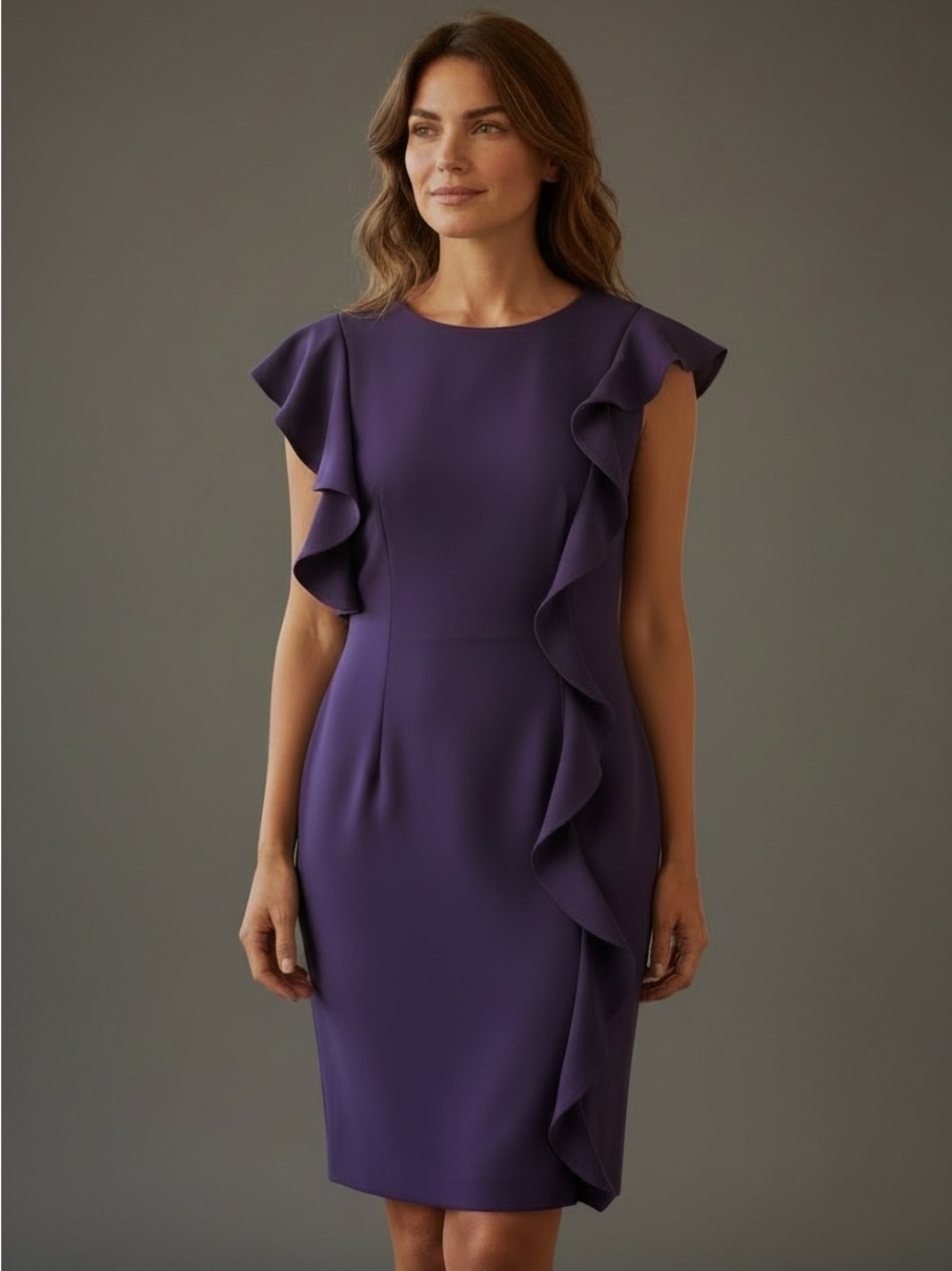 Rinascimento Ruffle Sheath Knit Dress, SMALL, Eggplant Purple